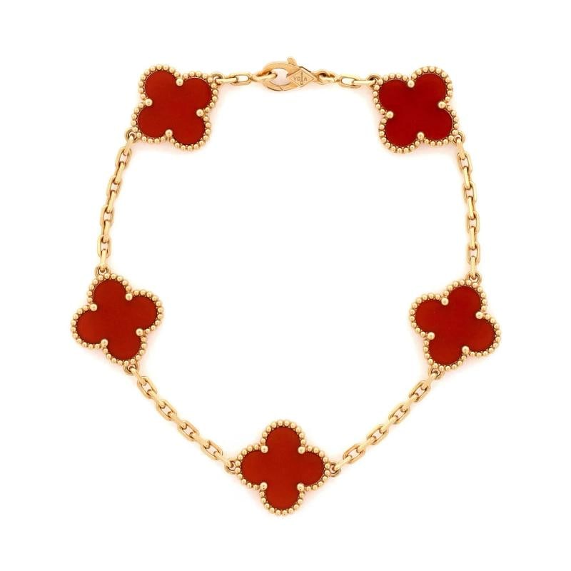 Van Cleef & Arpels Vintage Alhambra 5 Motifs Bracelet 18K Yellow Gold: Condition: Pre-owned - Good,Brand: Van Cleef & Arpels,Main Stone: Carnelian,Metal: 18K Yellow Gold,Metal Purity: 18K,Style: Bracelet,Type: Bracelet,Color: Yellow Gold,Material: 18K Rose Gold, Carnelia