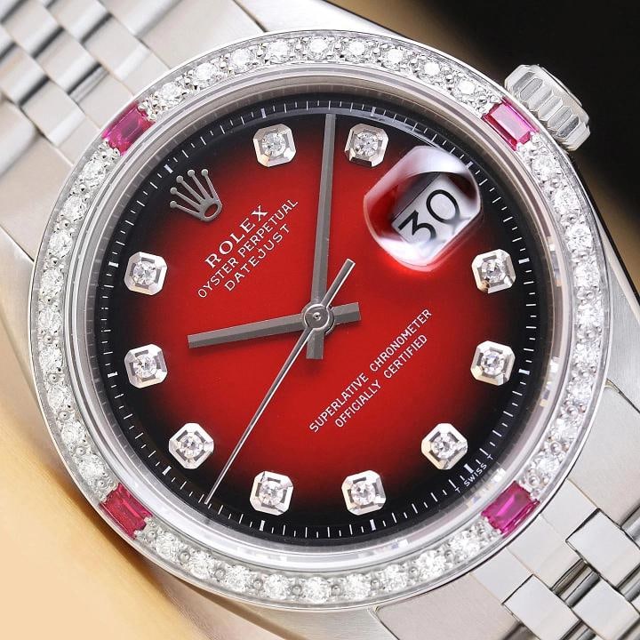 ROLEX MENS DATEJUST 18K GOLD SS DIAMOND RUBY RED VIGNETTE WATCH w/ FOLDED BAND: Condition: Pre-owned - Excellent,Bezel Color: Silver,Max Wrist Size: 7.26-7.5 in,Number of Jewels: 26 Jewels,Indices: Diamond Markers, 12-Hour Dial,Bezel: Custom 18K White Gold Diamond and Ruby Bezel,