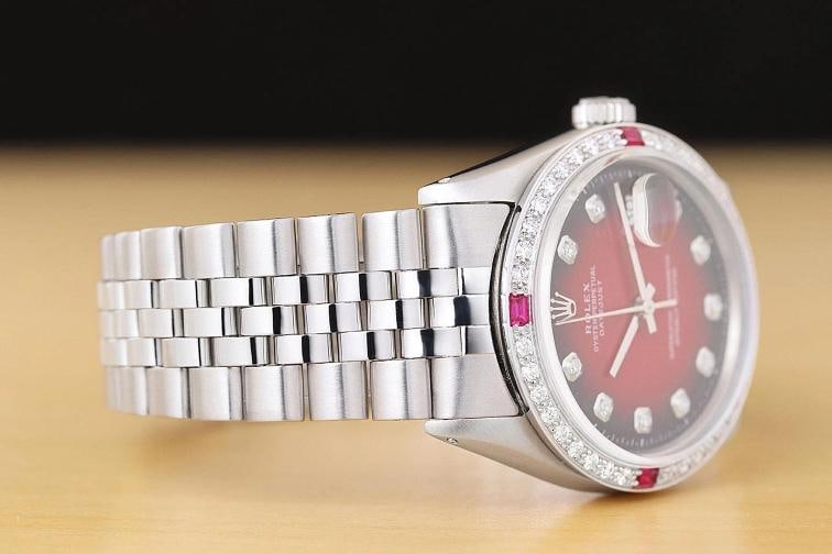 ROLEX MENS DATEJUST 18K GOLD SS DIAMOND RUBY RED VIGNETTE WATCH w/ FOLDED BAND - 7