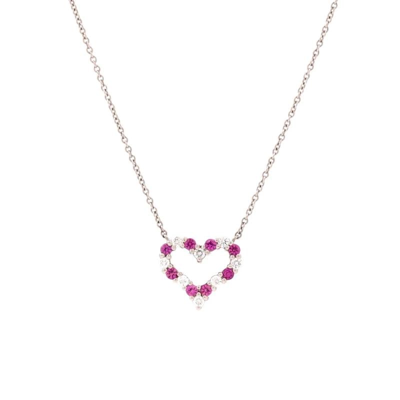 Tiffany & Co. Heart Pendant Necklace Platinum with Diamonds and Pink Sapphires: Condition: Pre-owned - Good,Brand: Tiffany & Co.,Main Stone: Sapphire, Pink,Metal: Platinum (Pt950),Metal Purity: Unknown,Style: Pendant,Type: Necklace,Color: Silver,Material: Diamond, Platinum, Sapph