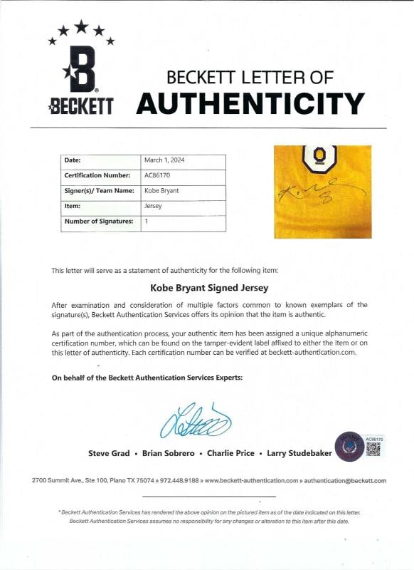 Kobe Bryant Rookie Signed 1990's Los Angeles Lakers Champion Jersey Beckett COA - 5