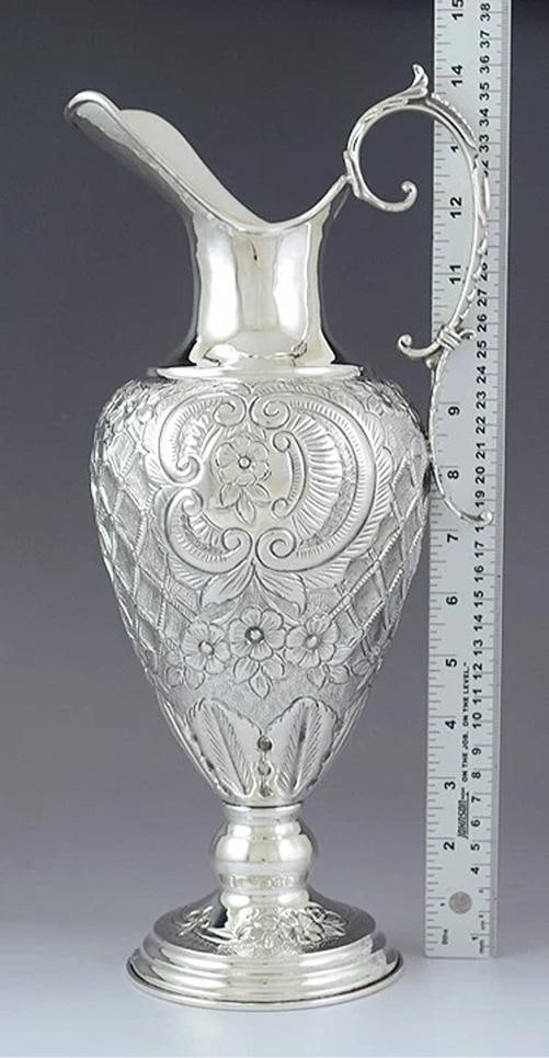 Beautiful South American? Hand Chased 900 Silver Pitcher / Ewer w / Under Plate - 3