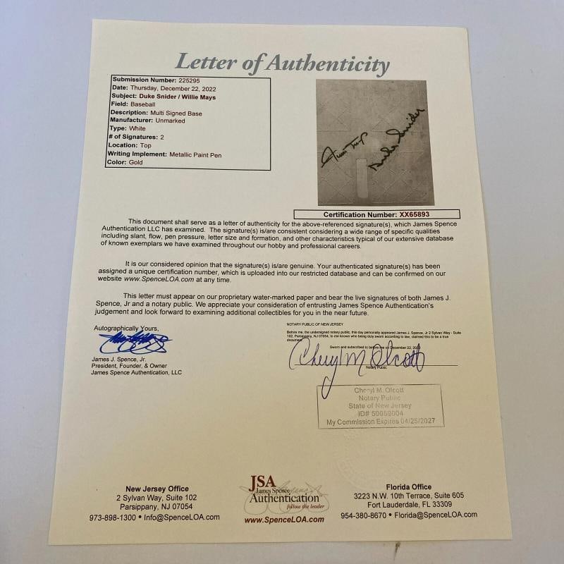 Willie Mays & Duke Snider Signed Vintage Baseball Base With JSA COA - 6