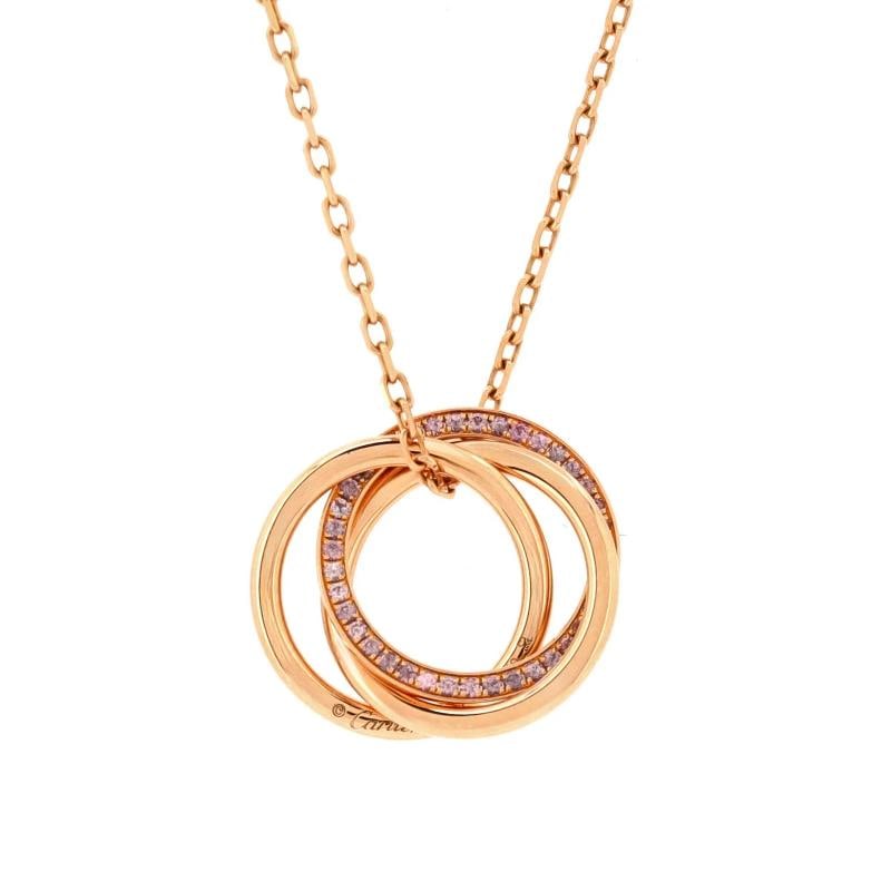 Cartier Trinity Pendant Necklace 18K Rose Gold with Pave Pink Sapphires: Condition: Pre-owned - Good,Brand: Cartier,Main Stone: Sapphire, Pink,Metal: 18K Rose Gold,Metal Purity: 18K,Style: Pendant,Type: Necklace,Color: Rose Gold,Material: 18K Rose Gold, Diamond Condition: 
