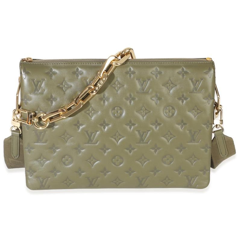 Louis Vuitton Olive Monogram Embossed Lambskin Coussin MM: Condition: Pre-owned - Good,Dimensions: 13 x 9.25 x 4,Handbag Accessories: Additional Strap;Box;Dustbag,Bag Width: 13 in,Bag Depth: 4 in,Bag Height: 9.25 in,Department: Unisex,Style: Shoulder Bag,Mate
