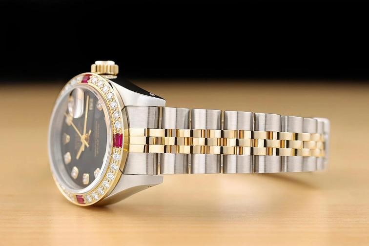 ROLEX LADIES DATEJUST 69173 BLACK FACTORY DIAMOND DIAL 18K GOLD STEEL RUBY WATCH - 4