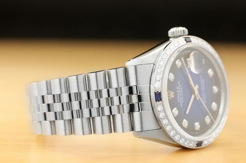 MENS ROLEX DATEJUST 1603 BLUE VIGNETTE DIAMOND SAPPHIRE 18K WHITE GOLD SS WATCH - 6
