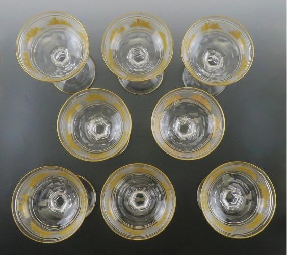 8 Gilded Crystal Glass Val St Lambert Danse de Flore Champagne Saucers/Goblets - 5