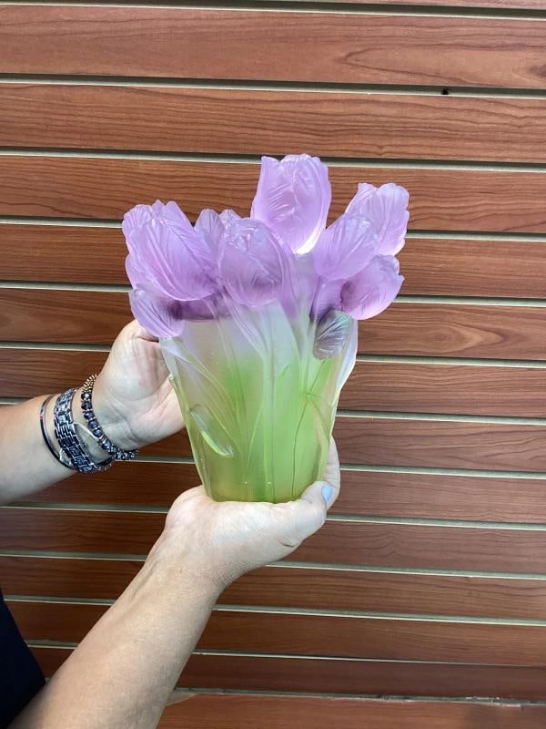 Xl H9¢‚¬? tulip green pink multi color crystal vase H9¢‚¬? Maker Unk - 3