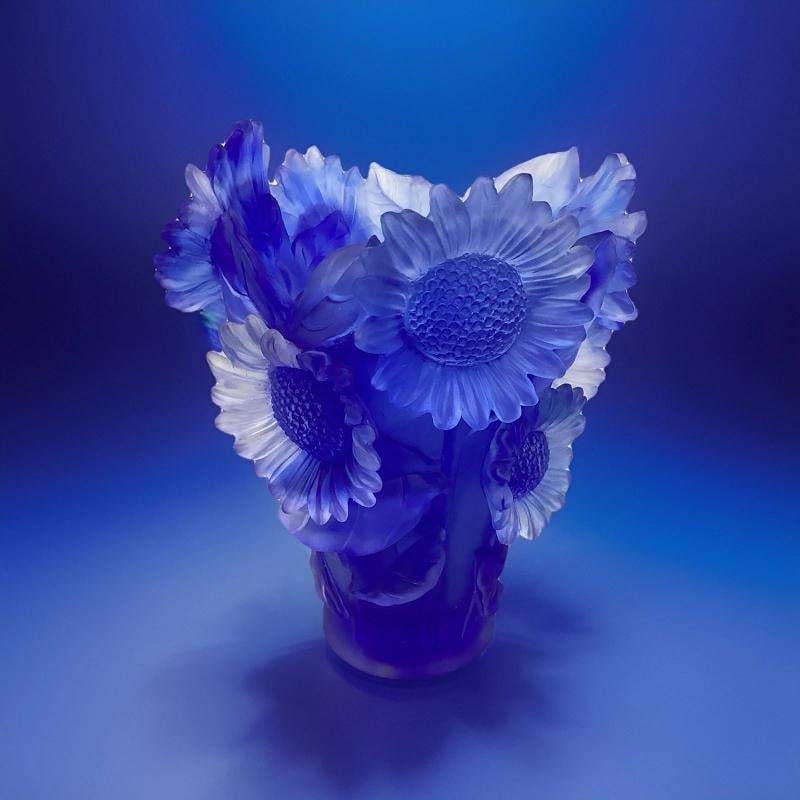 Xl Sunflower Crystal Blue Vase H9¢‚¬ Heavy Art Glass Limited E Maker Unknown - 3