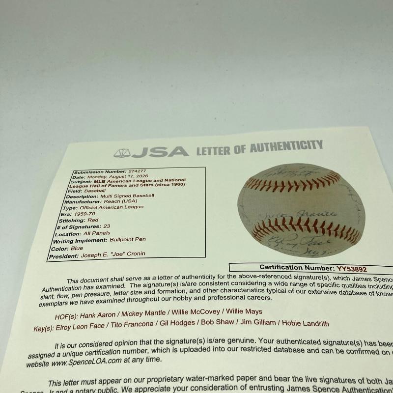 Mickey Mantle Willie Mays Hank Aaron 1960's HOF Multi Signed Baseball JSA COA - 10
