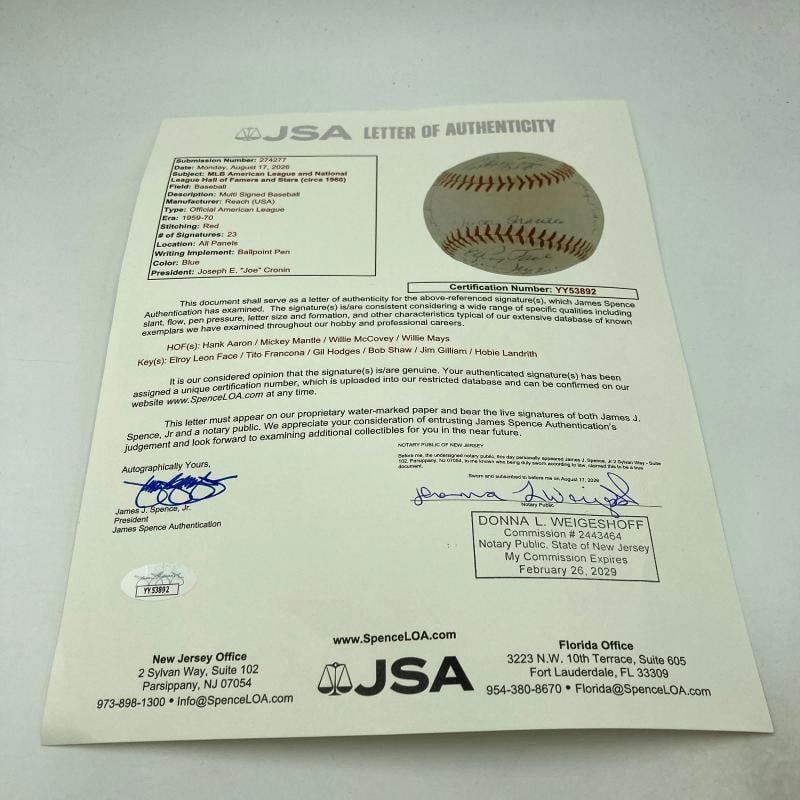 Mickey Mantle Willie Mays Hank Aaron 1960's HOF Multi Signed Baseball JSA COA - 4