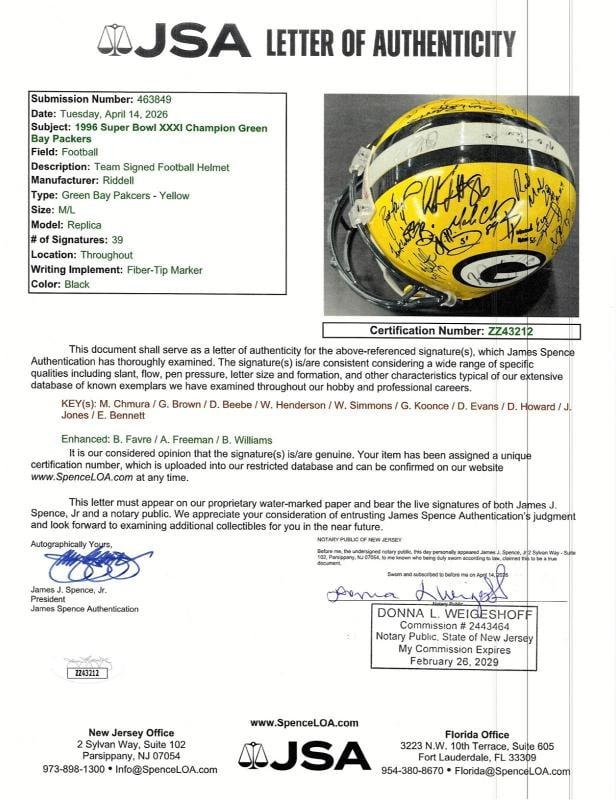 1996 Green Bay Packers Super Bowl Champs Team Signed Full Size Helmet JSA COA - 6