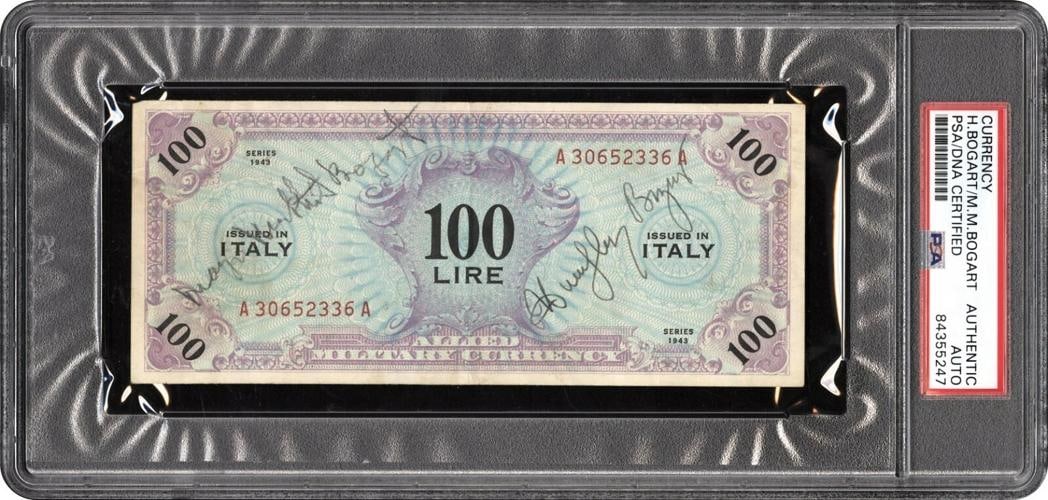 Humphrey Bogart Signed World War 2 1942 Italian Currency 100 LIRE PSA DNA COA: Autograph Authentication: Professional Sports (PSA/DNA),Industry: Movies,Original/Reproduction: Original,Object Type: Photograph,Country of Origin: United States