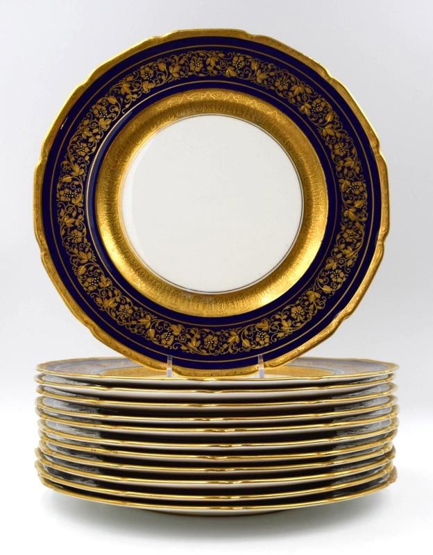 12 Royal Doulton Raised Gold Gilt & Cobalt Blue Fancy Dinner Plates, Circa 1920: Measures 10 1/2" diameter by 3/4" deep. . Condition: Used,Brand: Royal Doulton,Antique: Yes,Type: Dinner Plate,Care Instructions: Hand Wash Only,Color: Blue, Gold and White,Material: Porcelain,Set Inc