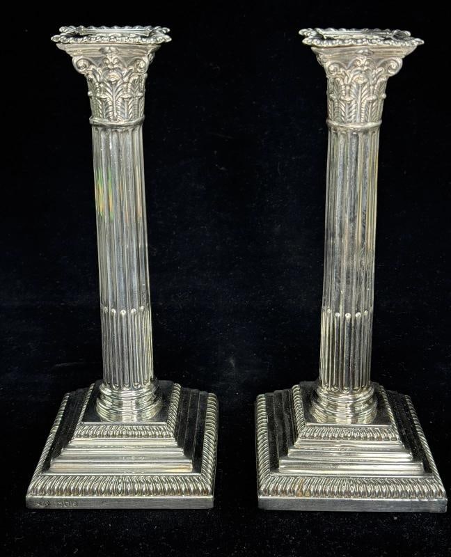 Pair of Antique English Sterling Silver Columnar Candlesticks 9 Inches Tall (1 of 7)