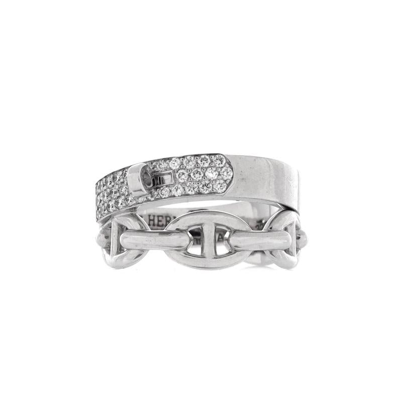 Hermes Kelly Double Tour Ring 18K White Gold with Pave Diamonds: Measurements: Size: 6 - 52, Width: 10.7 mm . Condition: Pre-owned - Good,Brand: Hermes,Main Stone: Diamond,Metal: 18K White Gold,Metal Purity: 18K,Ring Size: 6 - 52,Type: Ring,Color: Silver,Style:
