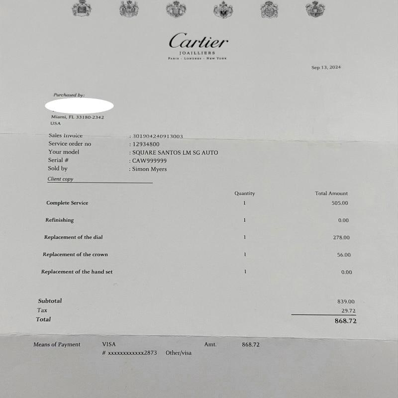 Cartier Santos Carree 2961 29mm White Roman Dial 18k Gold Steel Service Receipt - 9