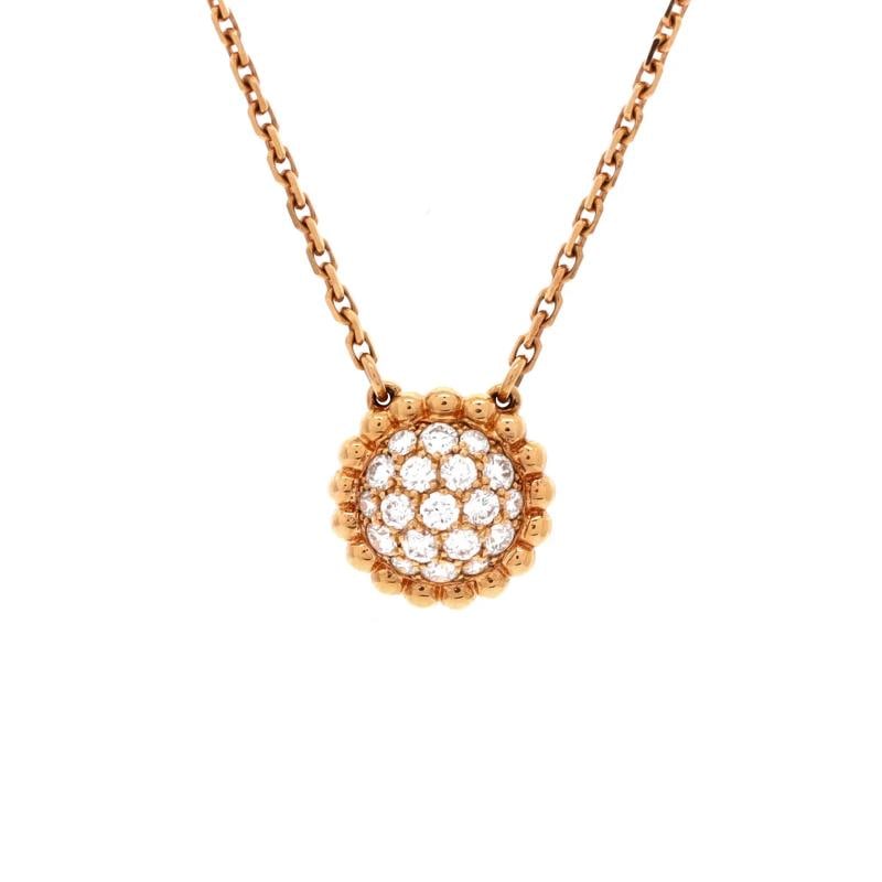 Van Cleef & Arpels Perlee Round Pendant Necklace 18K Rose Gold and Diamonds: Measurements: Length: 14.75 - 16.5 ", Width: .9 mm, Pendant Length: 10.8 mm, Pendant Width: 11 mm . Condition: Pre-owned - Good,Brand: Van Cleef & Arpels,Main Stone: Diamond,Metal: 18K Rose Gold,Metal
