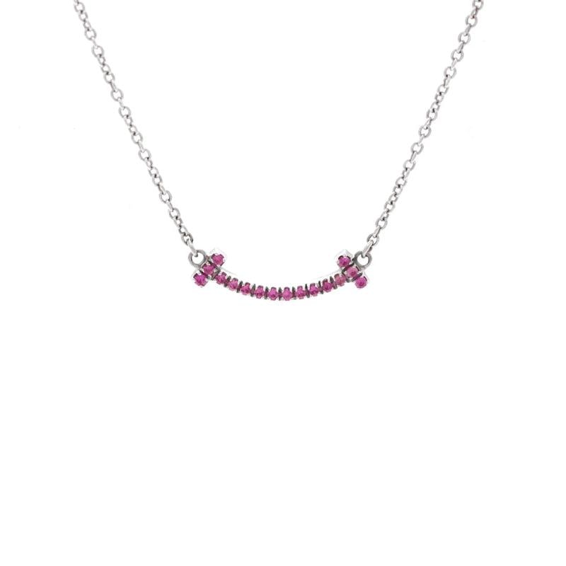 Tiffany & Co. T Smile Pendant Necklace 18K White Gold with Pink Sapphires Mini: Measurements: Length: 16.0 - 18.25 ", Pendant Length: 4.55 mm, Pendant Width: 16.00 mm . Condition: Pre-owned - Good,Brand: Tiffany & Co.,Main Stone: Sapphire, Pink,Metal: 18K White Gold,Metal Purity:
