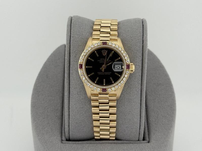 Rolex Ladies President Datejust 6917 Black Dial 18k Gold Diamond Ruby Bezel - 12