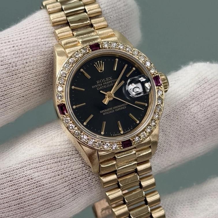 Rolex Ladies President Datejust 6917 Black Dial 18k Gold Diamond Ruby Bezel - 2