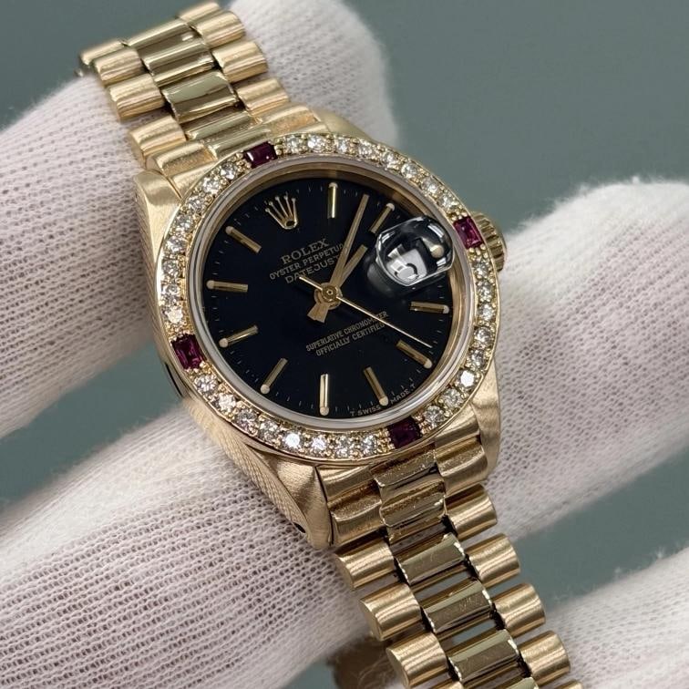 Rolex Ladies President Datejust 6917 Black Dial 18k Gold Diamond Ruby Bezel - 3