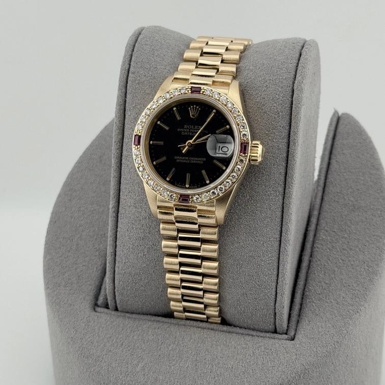 Rolex Ladies President Datejust 6917 Black Dial 18k Gold Diamond Ruby Bezel - 4