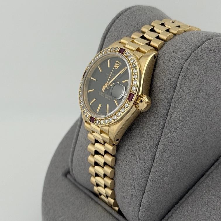 Rolex Ladies President Datejust 6917 Black Dial 18k Gold Diamond Ruby Bezel - 5