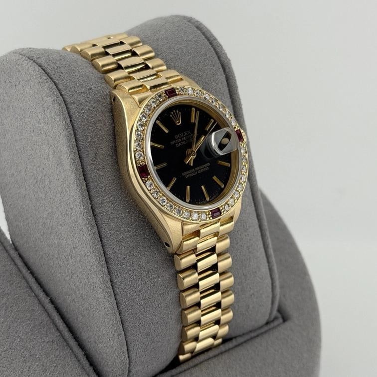 Rolex Ladies President Datejust 6917 Black Dial 18k Gold Diamond Ruby Bezel - 6