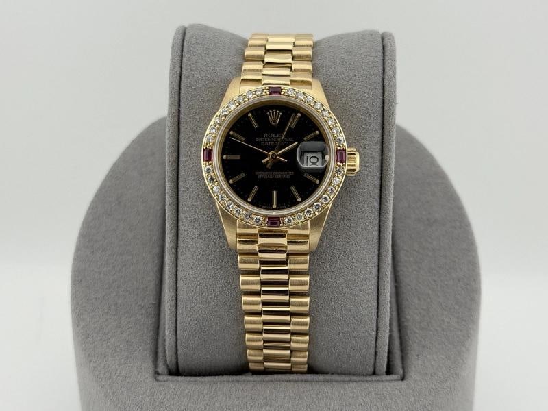 Rolex Ladies President Datejust 6917 Black Dial 18k Gold Diamond Ruby Bezel - 7