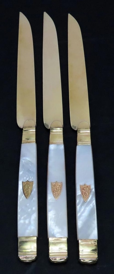 Fine set 18 French 950 Gilt Silver & Gold Mother-of-pearl Fruit/Dessert Knives - 3