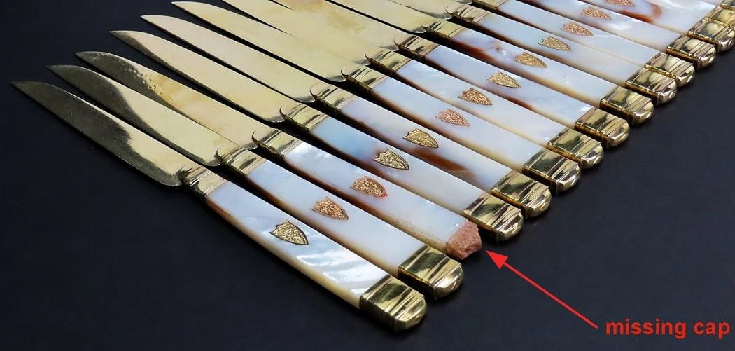 Fine set 18 French 950 Gilt Silver & Gold Mother-of-pearl Fruit/Dessert Knives - 7