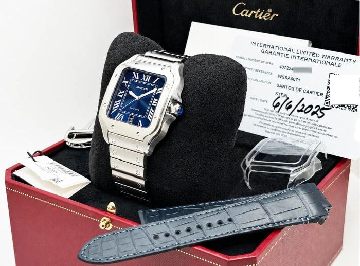 2025 Cartier Santos Large Blue Dial 4072 WSSA0071 39.8mm Steel Box Paper - 2