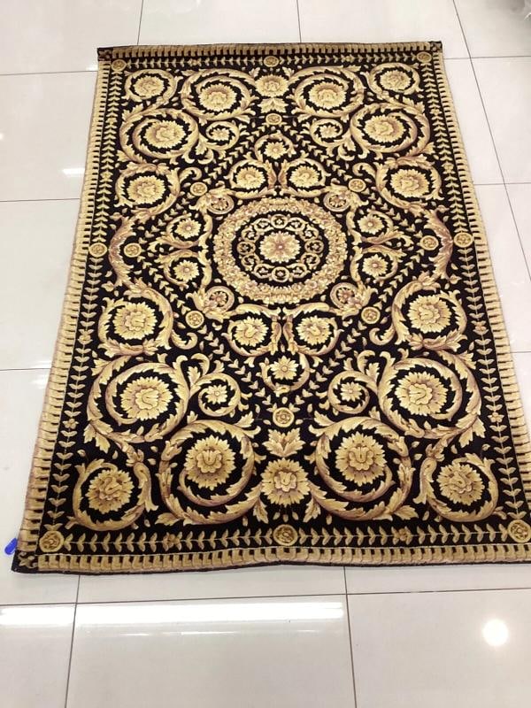 VERSACE STYLE RUG 100% WOOL HAND KNOTTED SZ 4FT BY 6FT BLACK GOLD BAROQUE - 7