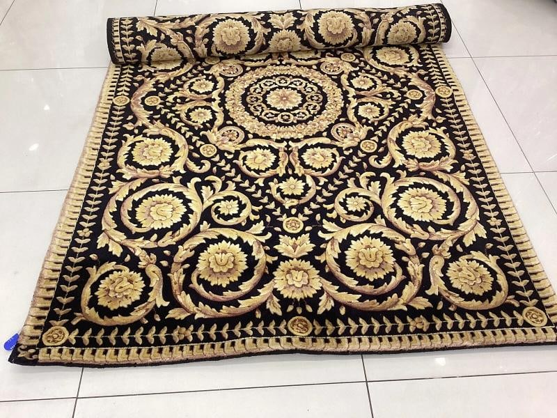 VERSACE STYLE RUG 100% WOOL HAND KNOTTED SZ 4FT BY 6FT BLACK GOLD BAROQUE - 8