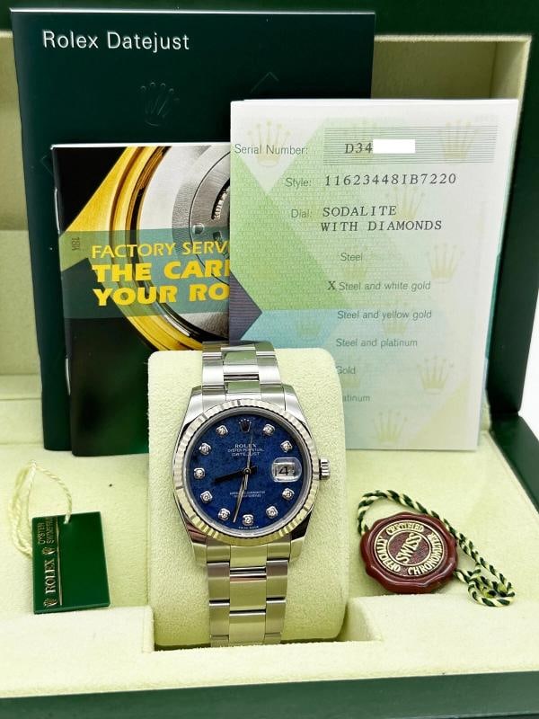 Rolex 116234 FACTORY Sodalite Diamond Dial Stainless 18K Gold Box Paper 2006: Condition: Pre-owned - Excellent,Movement: Mechanical (Automatic),s,Year Manufactured: 2000-2009,With Papers: Yes,Reference Number: 116234,Brand: Rolex,Type: Wristwatch,Department: Men,Customized: