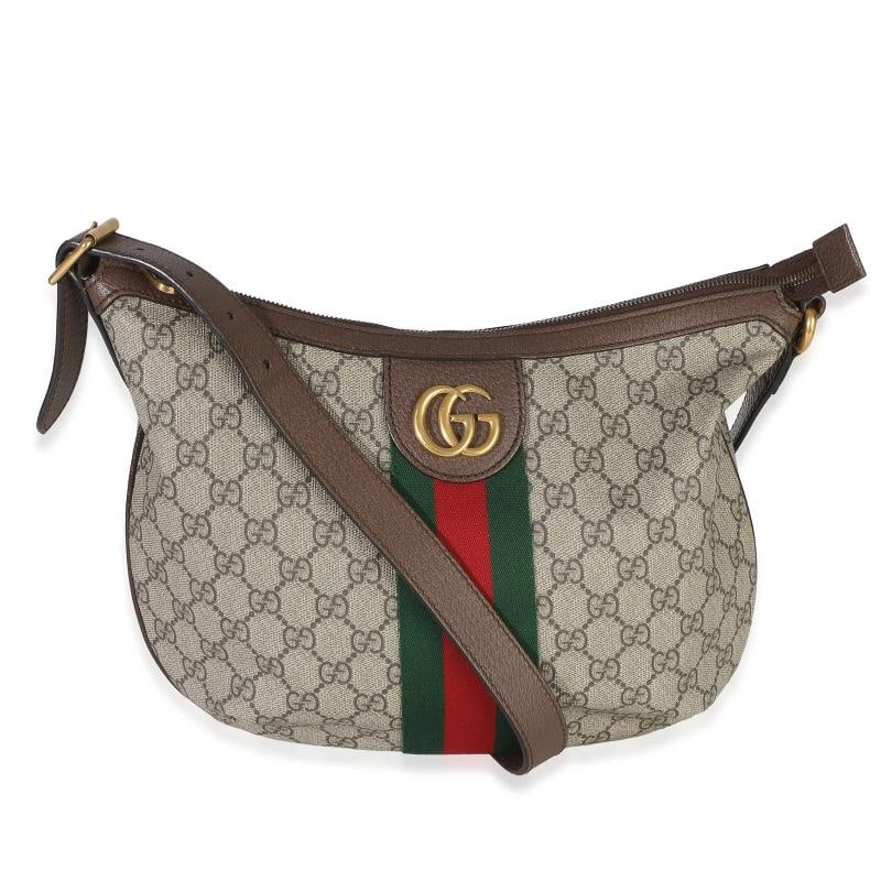 Gucci Brown Beige GG Supreme Canvas Dollar Calfskin Web Small Ophidia Half Moon: Condition: Pre-owned - Good,Dimensions: 13.5 x 9.5 x 1,Handbag Accessories: None,Bag Width: 13.5 in,Bag Depth: 1 in,Bag Height: 9.5 in,Department: Unisex,Style: Hobo,Material: Canvas,Color: Brown,Clos
