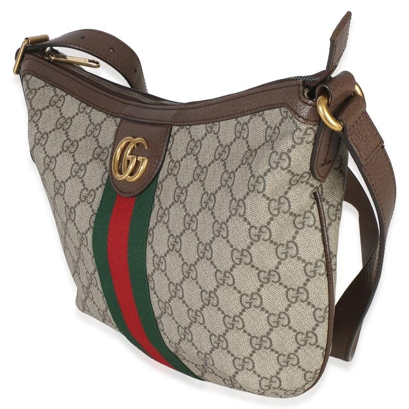 Gucci Brown Beige GG Supreme Canvas Dollar Calfskin Web Small Ophidia Half Moon - 3