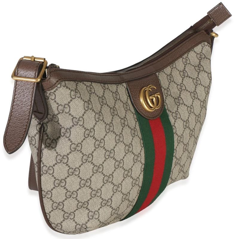 Gucci Brown Beige GG Supreme Canvas Dollar Calfskin Web Small Ophidia Half Moon - 4