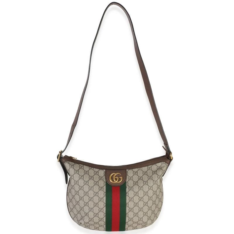 Gucci Brown Beige GG Supreme Canvas Dollar Calfskin Web Small Ophidia Half Moon - 6