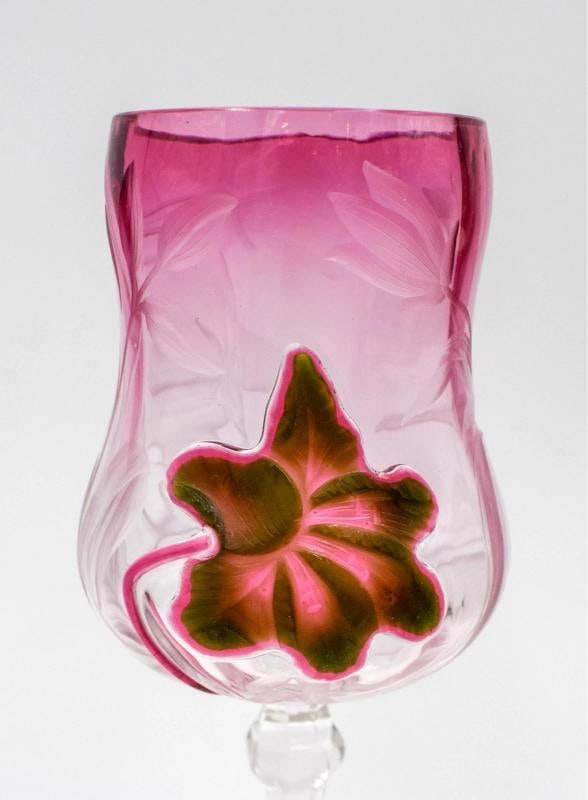 Moser Carved & Cut Marquetry Wine Glass, Cranberry & Green, Circa 1920 - 2