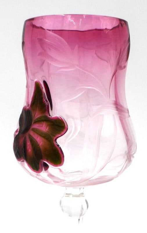 Moser Carved & Cut Marquetry Wine Glass, Cranberry & Green, Circa 1920 - 3