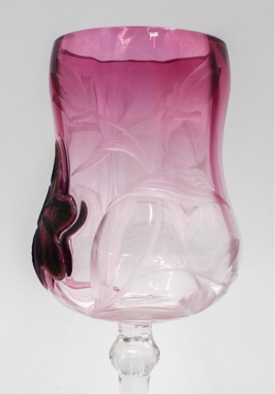 Moser Carved & Cut Marquetry Wine Glass, Cranberry & Green, Circa 1920 - 5