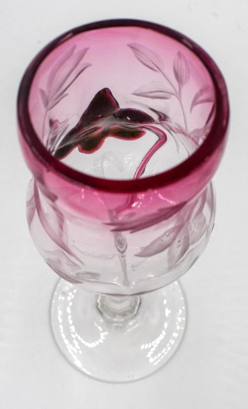 Moser Carved & Cut Marquetry Wine Glass, Cranberry & Green, Circa 1920 - 6