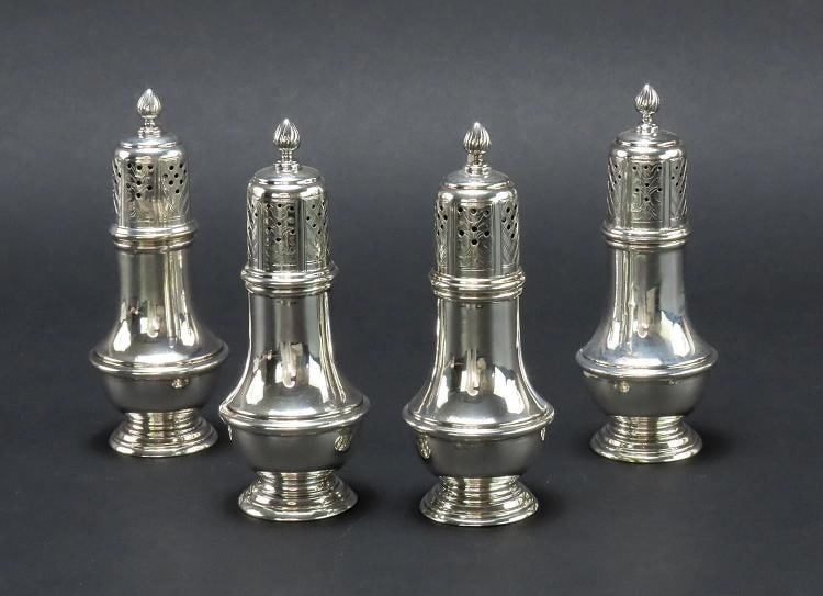 Handsome Set 4 Gebelein Sterling Silver Salt Pepper Casters Shakers c1915: Brand: Gebelein,Age: 1910-1930s,Style: Classical Form,Composition: Sterling Silver,Maker: Gebelein,Country of Origin: United States Handsome Set 4 Gebelein Sterling Silver Salt Pepper Casters Shakers 