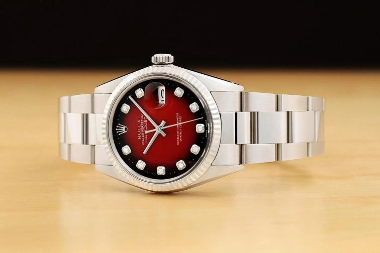 ROLEX MENS DATEJUST 16014 RED VIGNETTE DIAMOND DIAL 18K GOLD STEEL OYSTER WATCH - 2