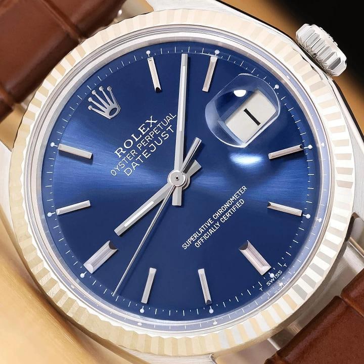 ROLEX MENS DATEJUST 1601 BLUE DIAL 18K WHITE GOLD STEEL WATCH w/ LEATHER BAND (1 of 10)