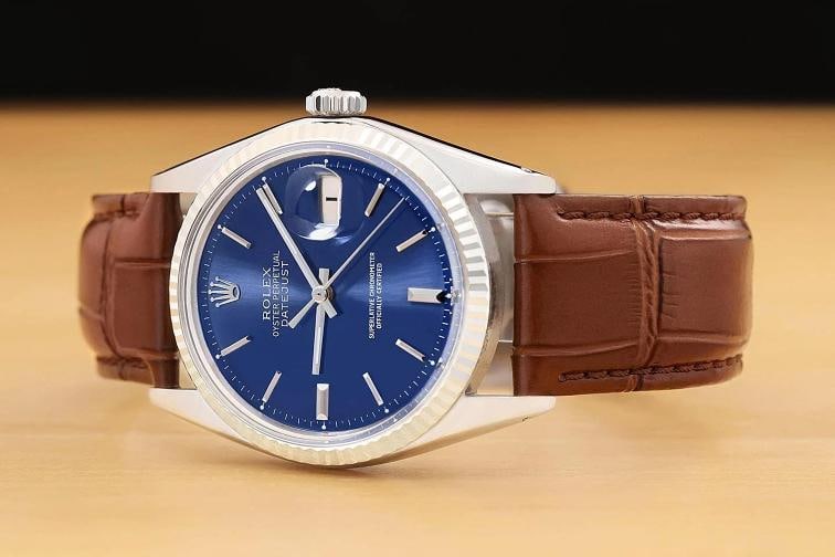 ROLEX MENS DATEJUST 1601 BLUE DIAL 18K WHITE GOLD STEEL WATCH w/ LEATHER BAND - 2