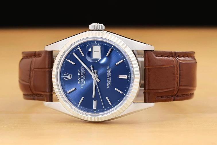 ROLEX MENS DATEJUST 1601 BLUE DIAL 18K WHITE GOLD STEEL WATCH w/ LEATHER BAND - 3